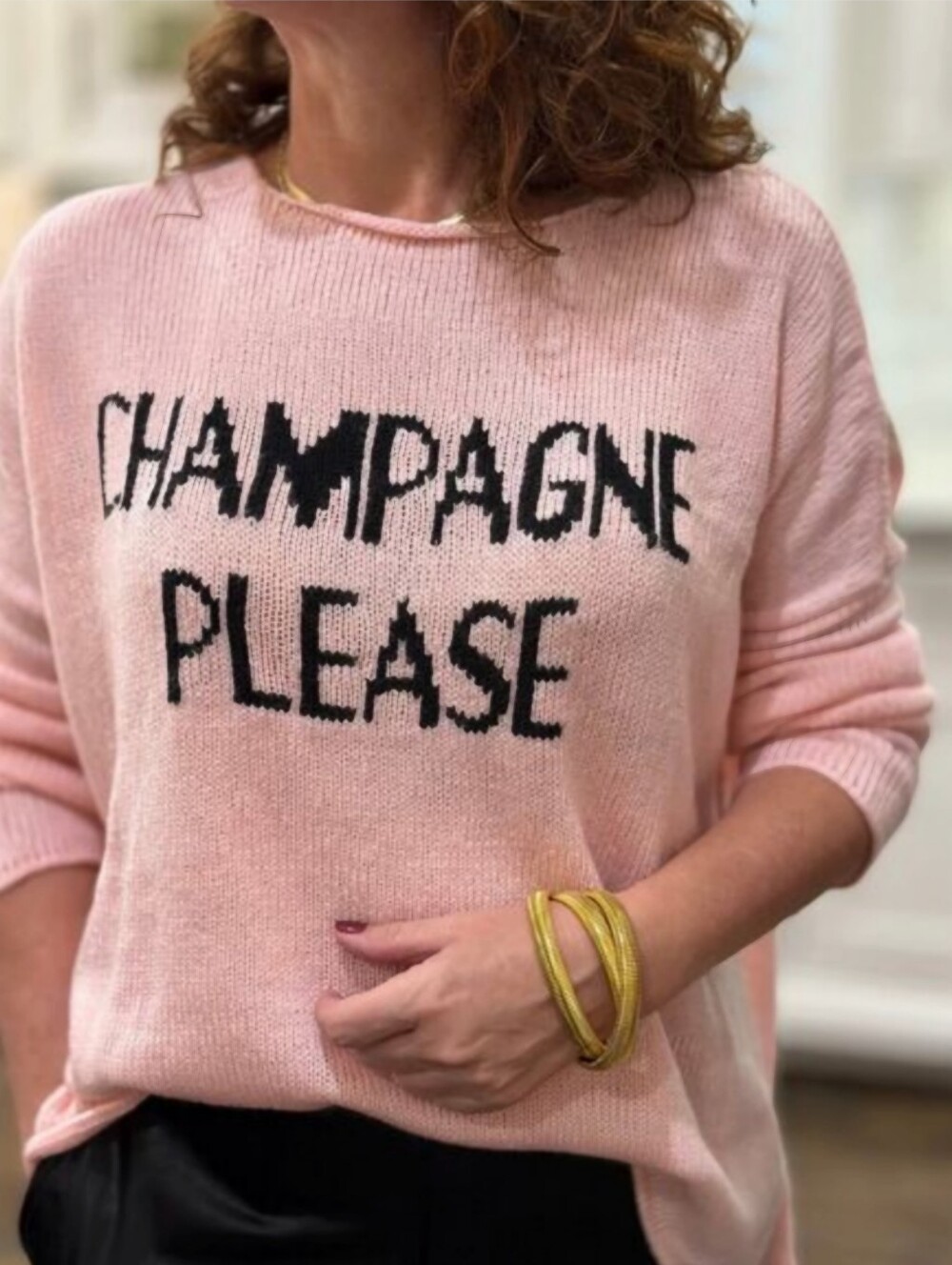 Wooden Ships Champagne Please Knit Pink Black Sweater, S/M